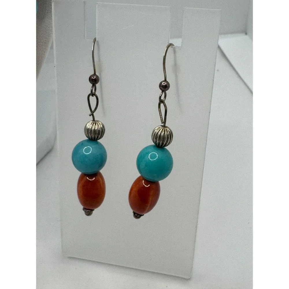 Southwestern Beaded Necklace and Earring Set Orange Turquoise Statement 18in